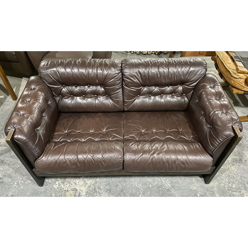 Set of Danish vintage 2 seater brown leather sofa and armchair, 1970s