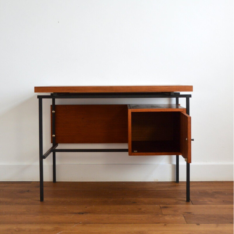 Vintage French modernist desk in teak and black metal, 1950