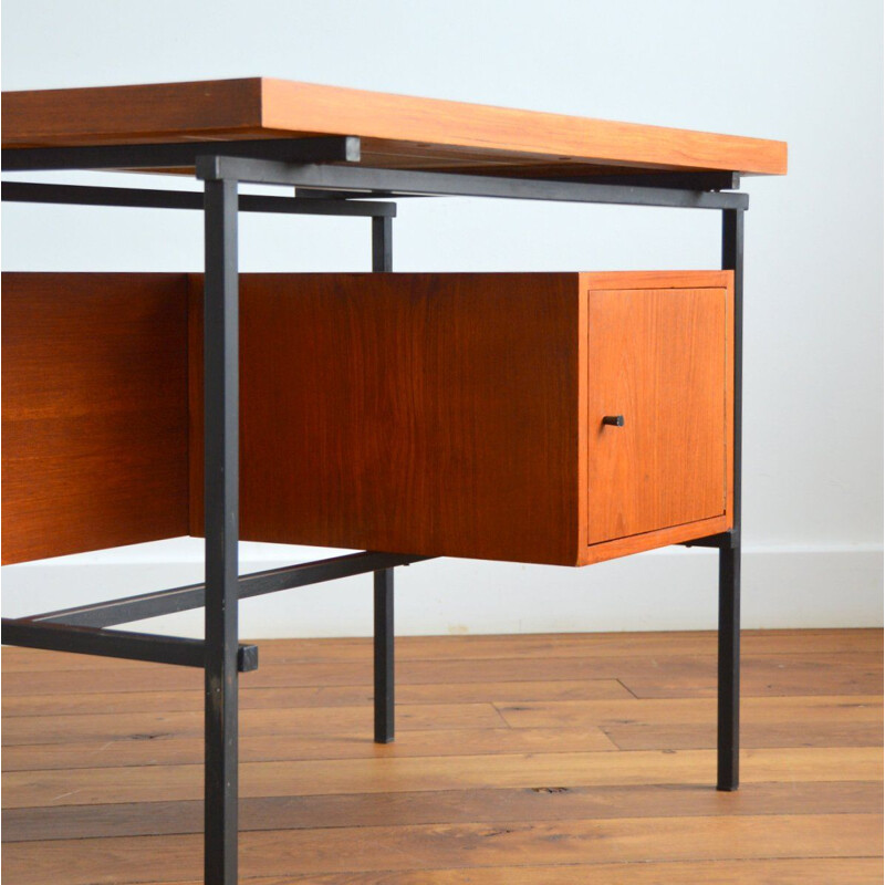 Bureau moderniste français vintage en teck et métal noir, 1950