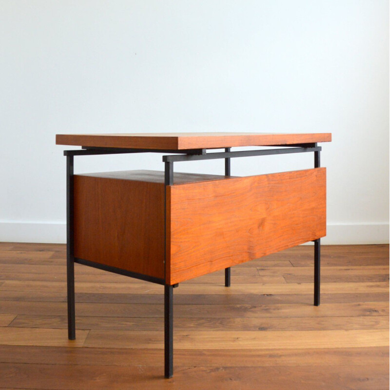 Bureau moderniste français vintage en teck et métal noir, 1950