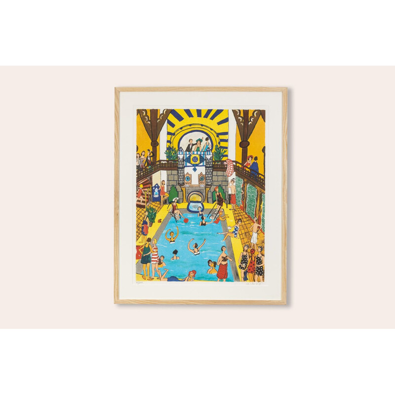 Vintage-Lithografie "Swimmingpool" aus Eschenholz von Marika LANG