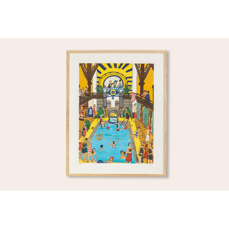 Vintage lithograph "Piscine" in ash wood by Marika LANG