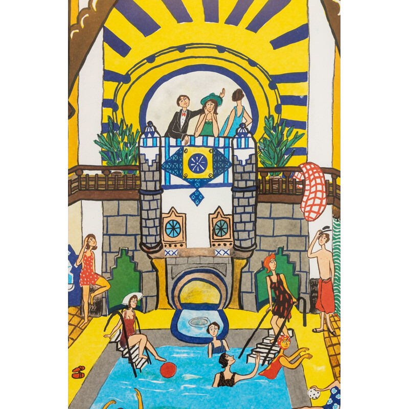 Vintage-Lithografie "Swimmingpool" aus Eschenholz von Marika LANG