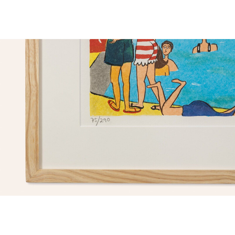 Vintage lithograph "Piscine" in ash wood by Marika LANG