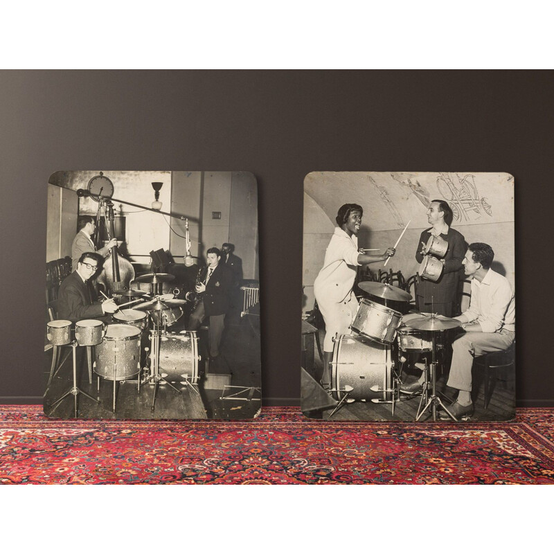 Paire d'images photographiques vintage "Jazz Band" de tambours Giannini Swiss Drums pour John Ward et Hazy Osterwald, 1940