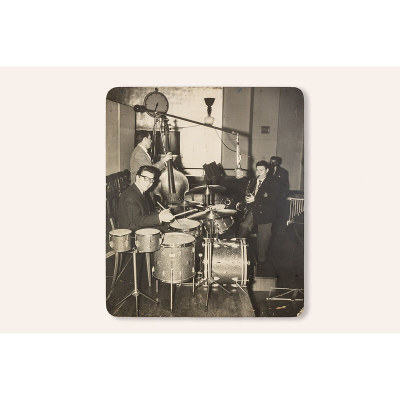 Pair of vintage "Jazz Band" photographic images of Giannini Swiss Drums for John Ward and Hazy Osterwald, 1940