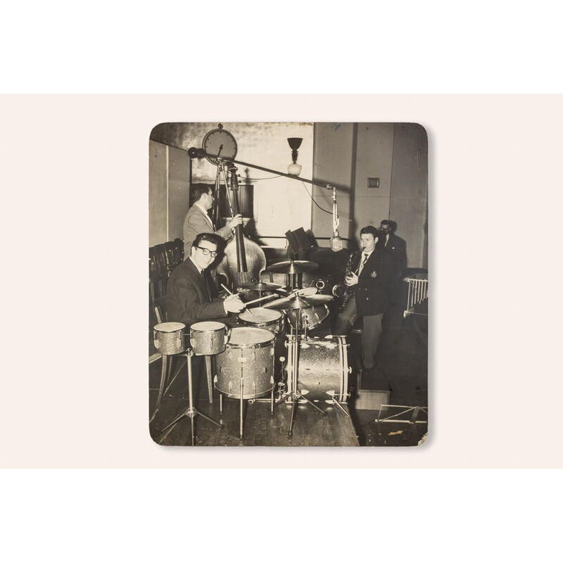 Pareja de imágenes fotográficas de época "Jazz Band" de Giannini Swiss Drums para John Ward y Hazy Osterwald, 1940