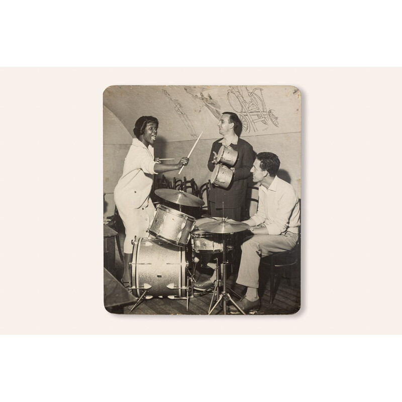 Paire d'images photographiques vintage "Jazz Band" de tambours Giannini Swiss Drums pour John Ward et Hazy Osterwald, 1940
