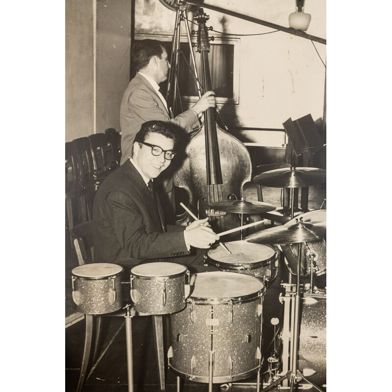 Pair of vintage "Jazz Band" photographic images of Giannini Swiss Drums for John Ward and Hazy Osterwald, 1940