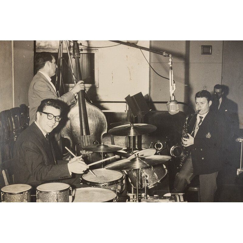 Pair of vintage "Jazz Band" photographic images of Giannini Swiss Drums for John Ward and Hazy Osterwald, 1940