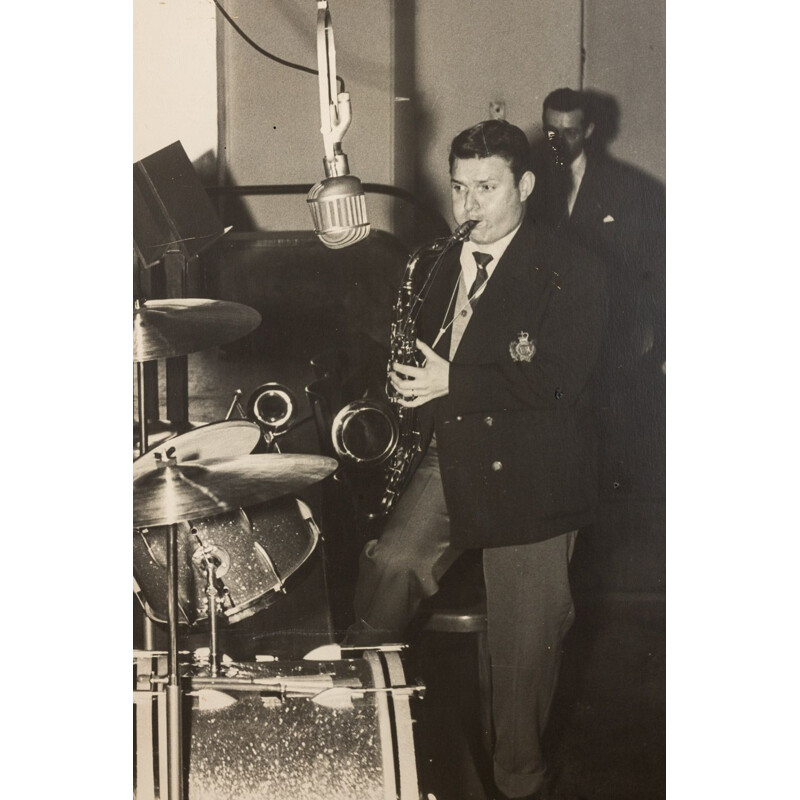 Pair of vintage "Jazz Band" photographic images of Giannini Swiss Drums for John Ward and Hazy Osterwald, 1940