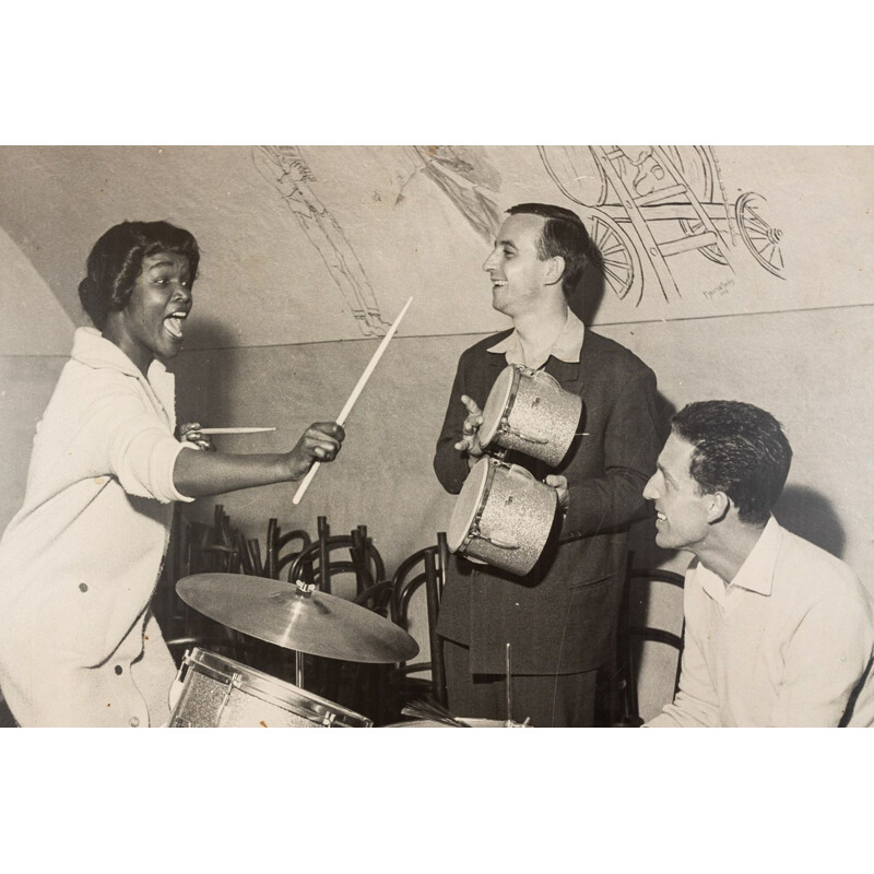 Coppia di immagini fotografiche vintage di "Jazz Band" di tamburi svizzeri Giannini per John Ward e Hazy Osterwald, 1940