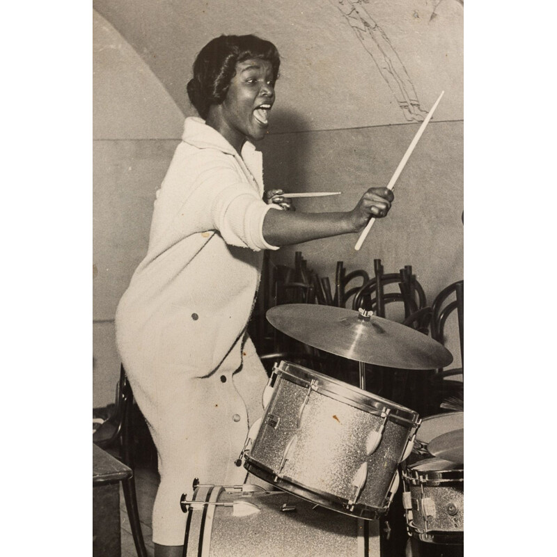 Pair of vintage "Jazz Band" photographic images of Giannini Swiss Drums for John Ward and Hazy Osterwald, 1940