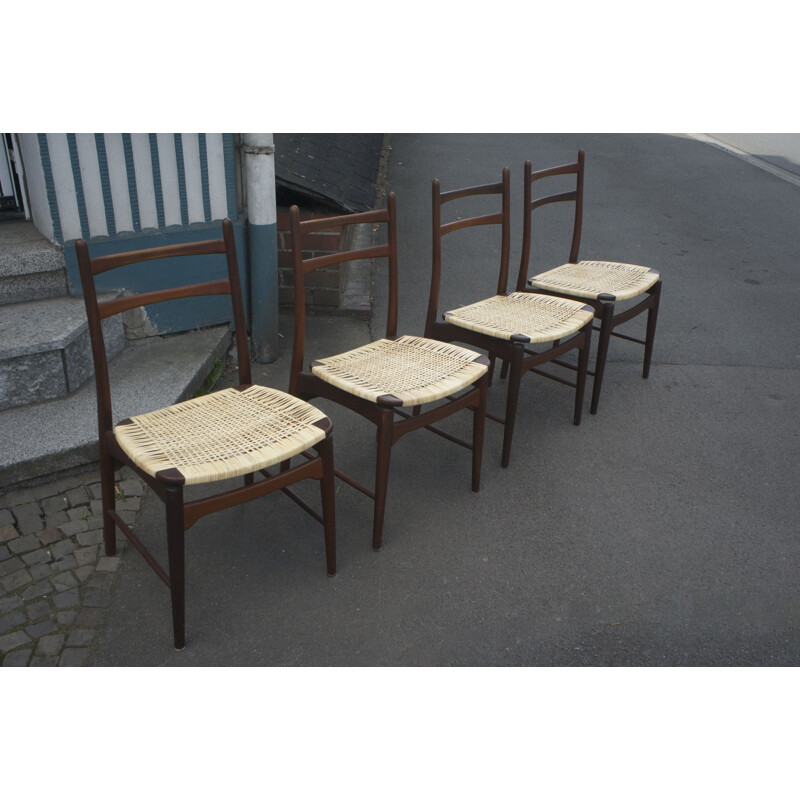 Set of 4 vintage teak and rattan chairs by Georg Leowald for Wilkhahn, 1950s