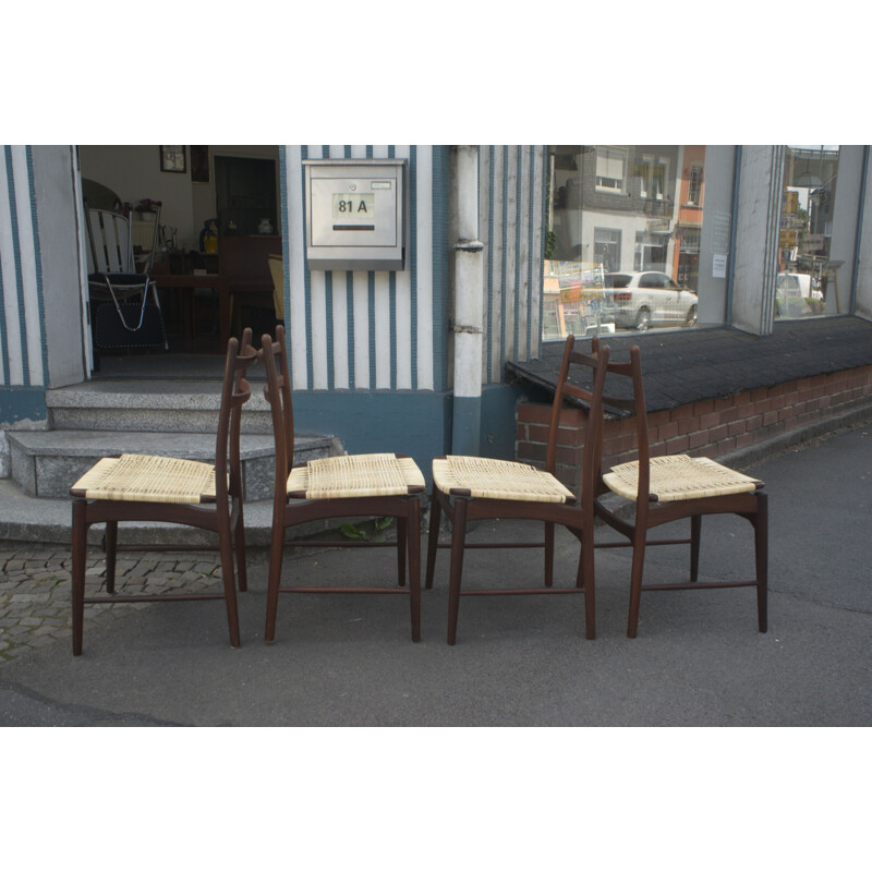 Set of 4 vintage teak and rattan chairs by Georg Leowald for Wilkhahn, 1950s