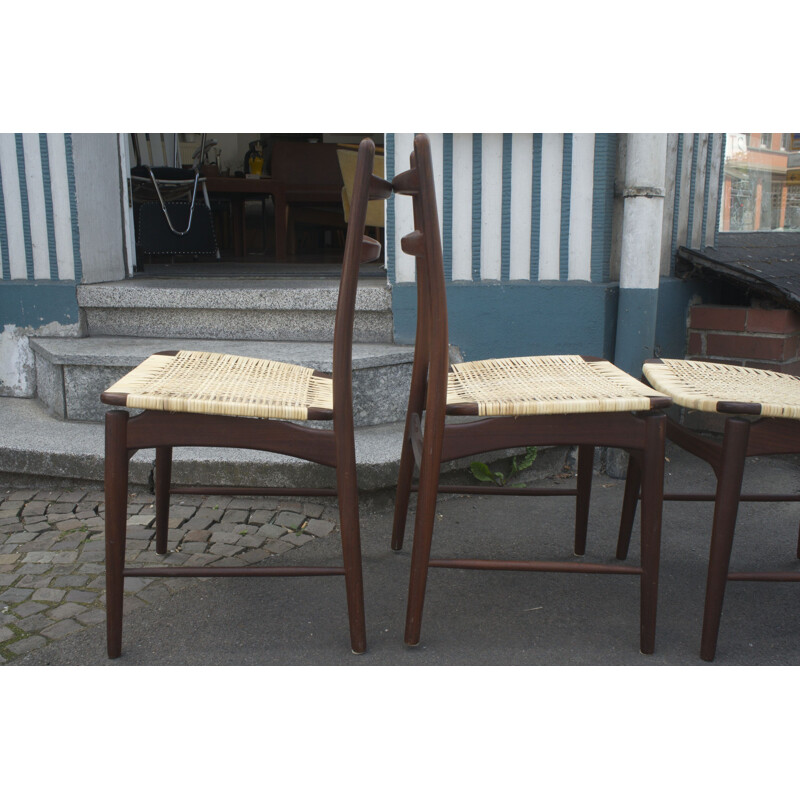 Ensemble de 4 chaises vintage en teck et rotin par Georg Leowald pour Wilkhahn, 1950