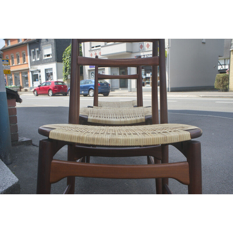 Set of 4 vintage teak and rattan chairs by Georg Leowald for Wilkhahn, 1950s