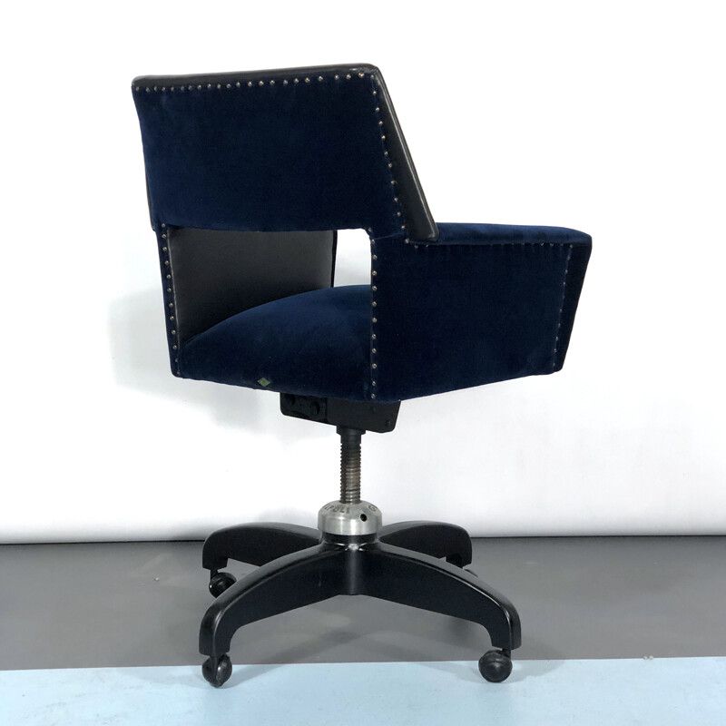 Fauteuil de bureau réglable vintage en cuir et velours, Italie 1950