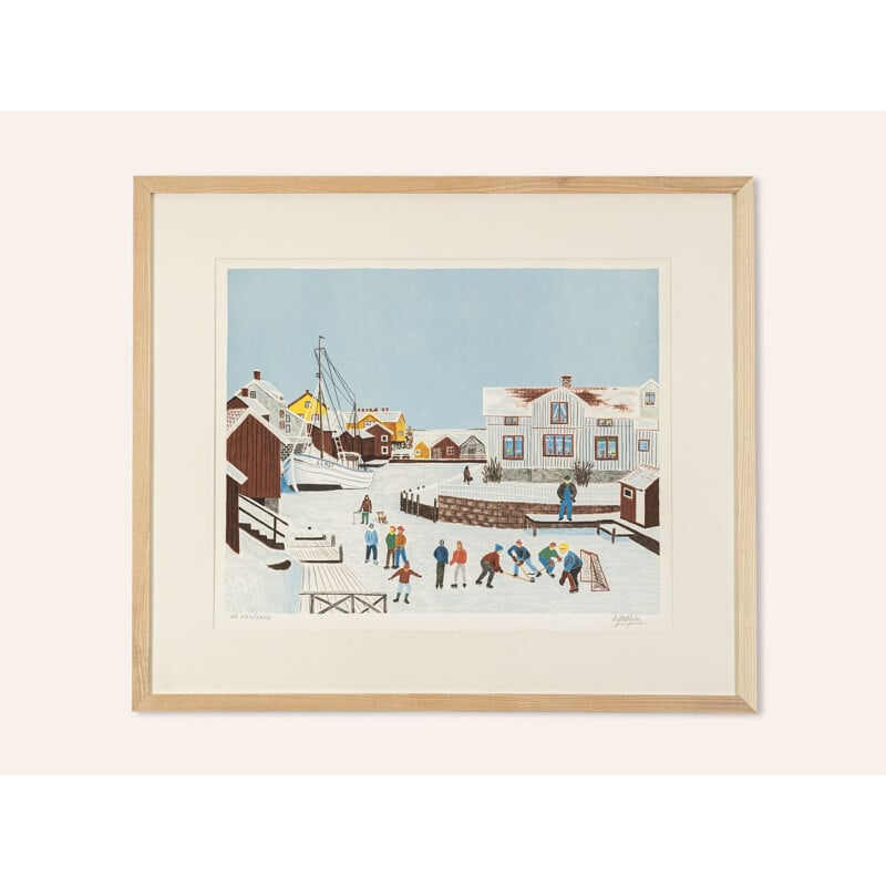Vintage kleurenlitho "Schwedischer Winter" in essenhout door Ulf Nilsson