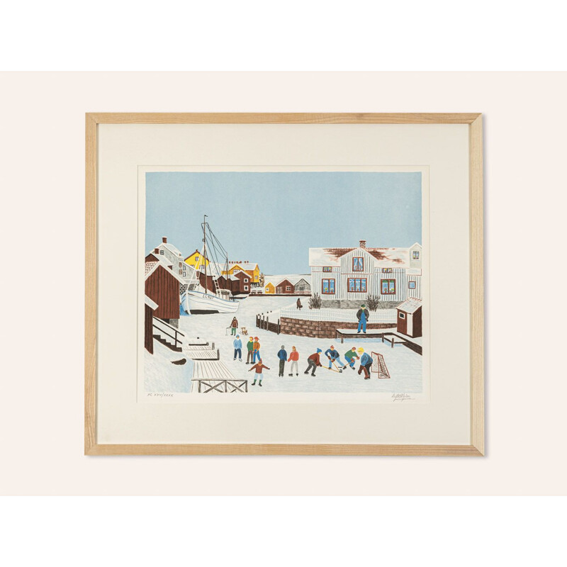 Vintage color lithograph "Schwedischer Winter" in ash wood by Ulf Nilsson