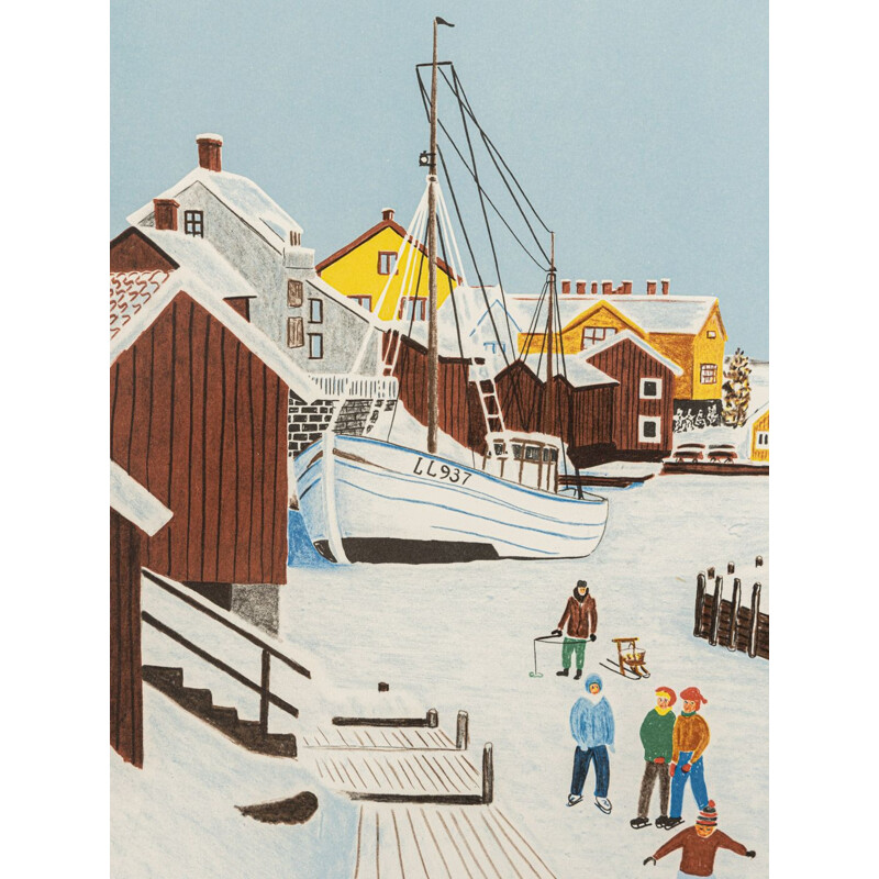 Vintage color lithograph "Schwedischer Winter" in ash wood by Ulf Nilsson