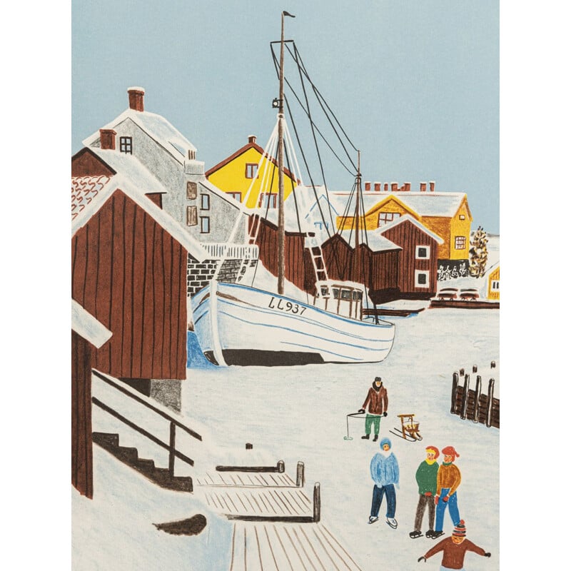 Vintage kleurenlitho "Schwedischer Winter" in essenhout door Ulf Nilsson