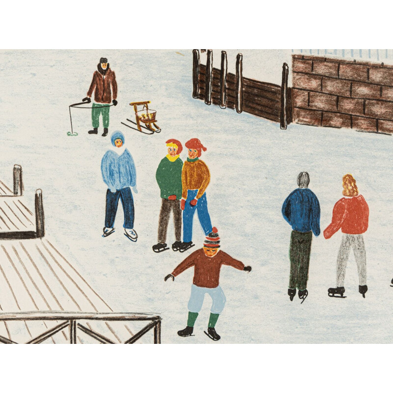 Litografia vintage a colori "Schwedischer Winter" in legno di frassino di Ulf Nilsson