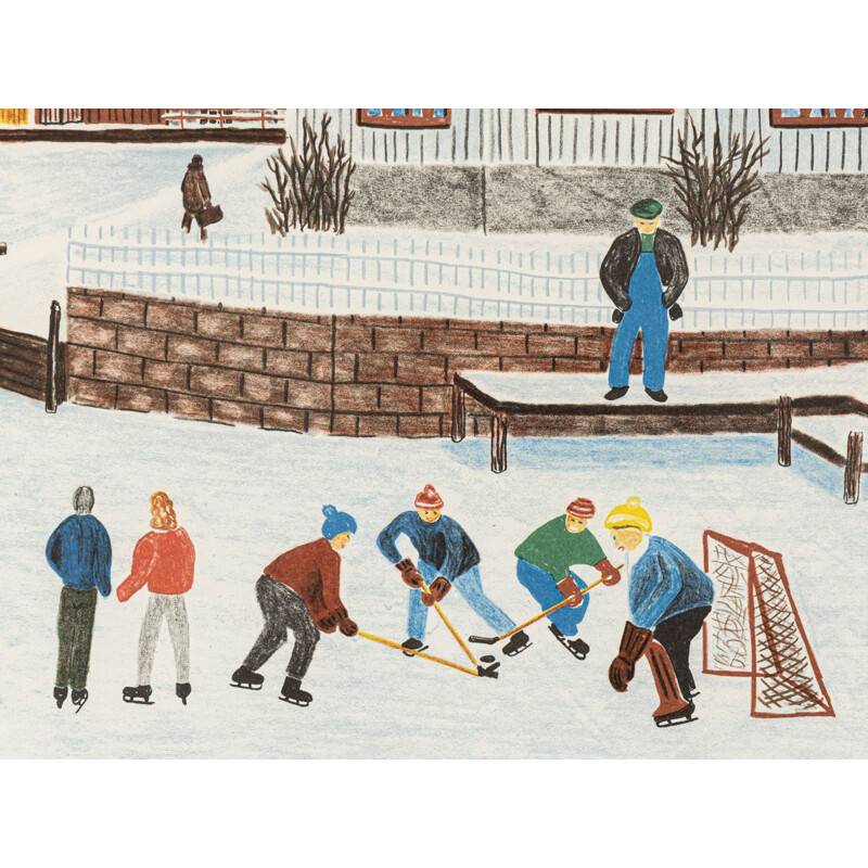 Litografia a cores "Schwedischer Winter" em madeira de freixo de Ulf Nilsson