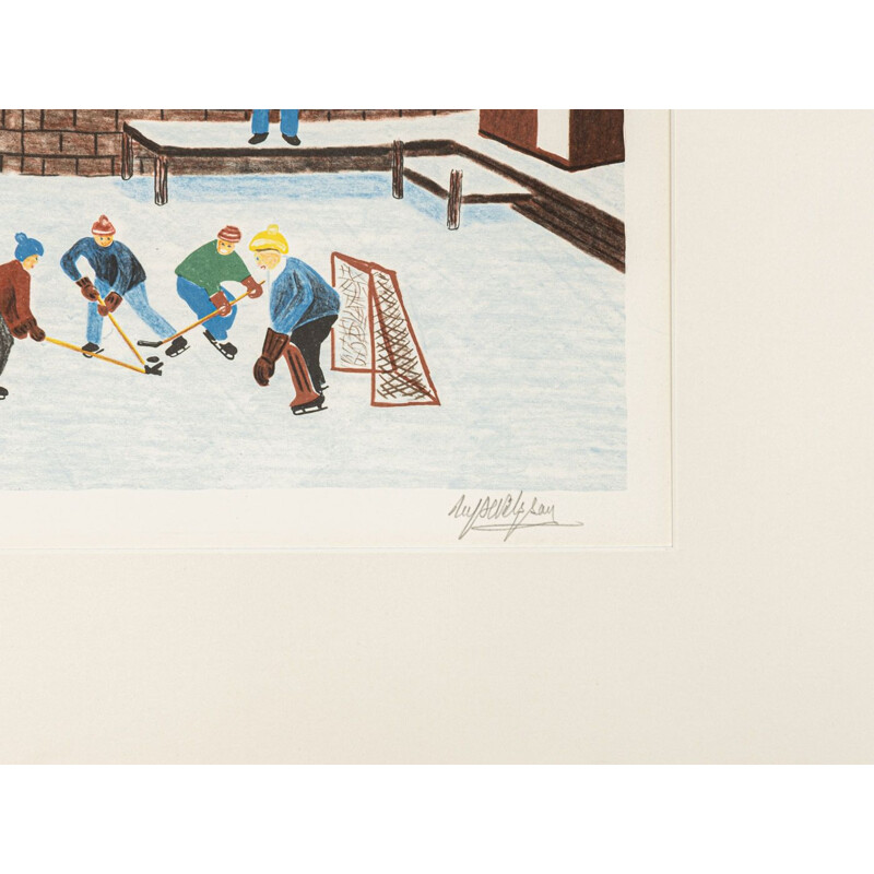Litografia vintage a colori "Schwedischer Winter" in legno di frassino di Ulf Nilsson
