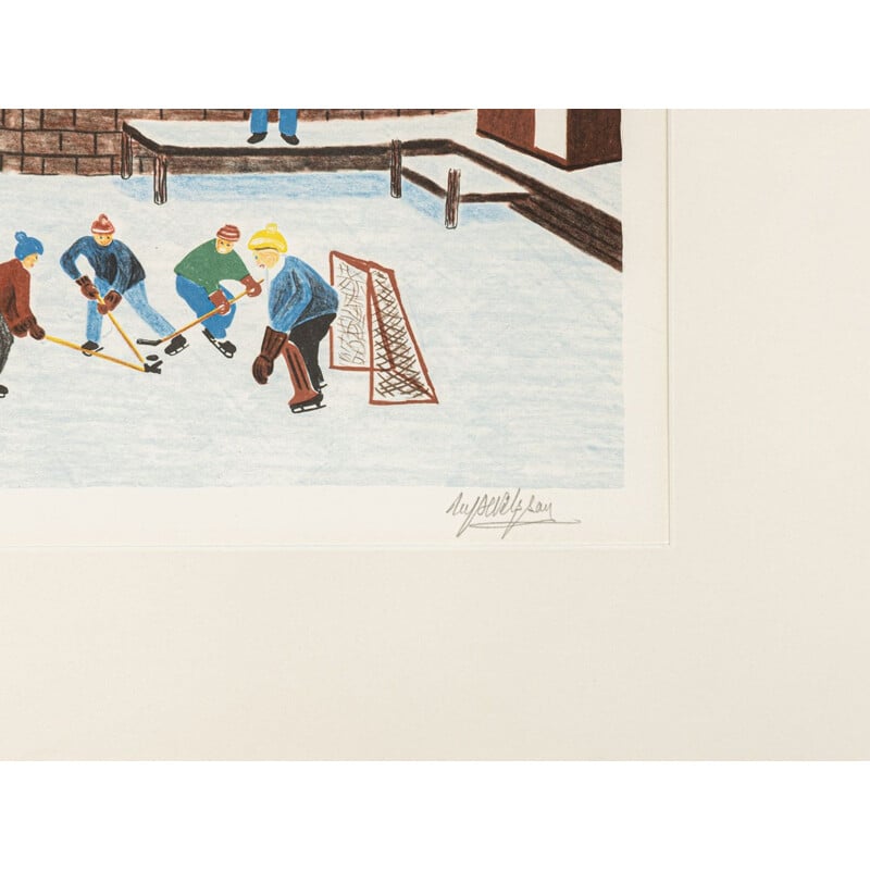 Vintage color lithograph "Schwedischer Winter" in ash wood by Ulf Nilsson