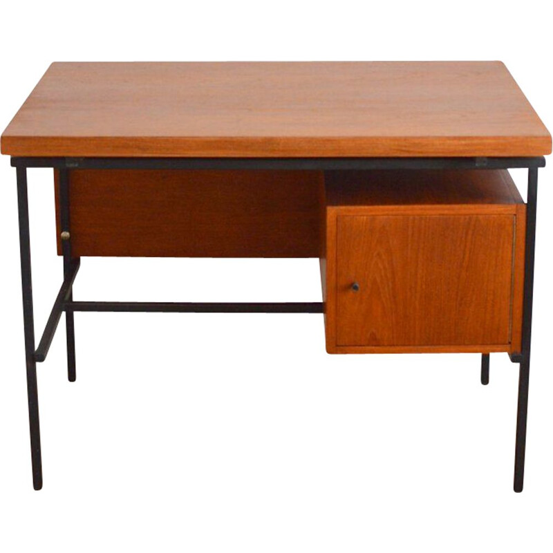 Vintage French modernist desk in teak and black metal, 1950