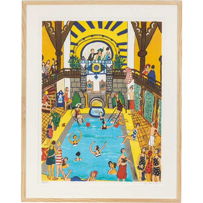 Vintage lithograph "Piscine" in ash wood by Marika LANG