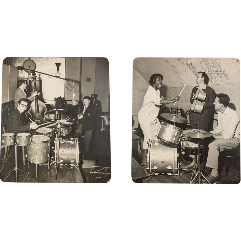 Coppia di immagini fotografiche vintage di "Jazz Band" di tamburi svizzeri Giannini per John Ward e Hazy Osterwald, 1940