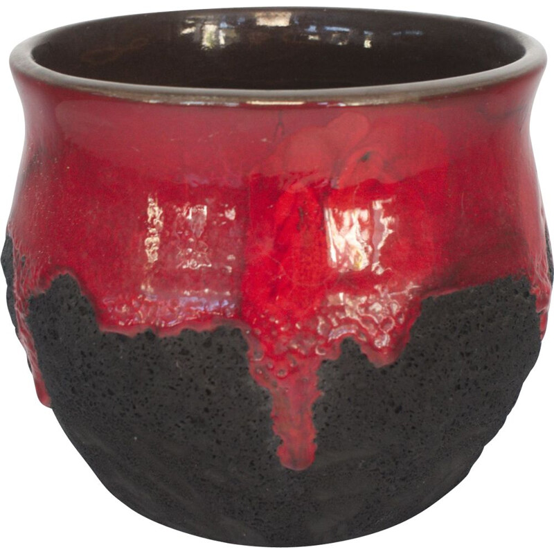 Mid century Fat Lava red & black pot with cachepot, 1960s