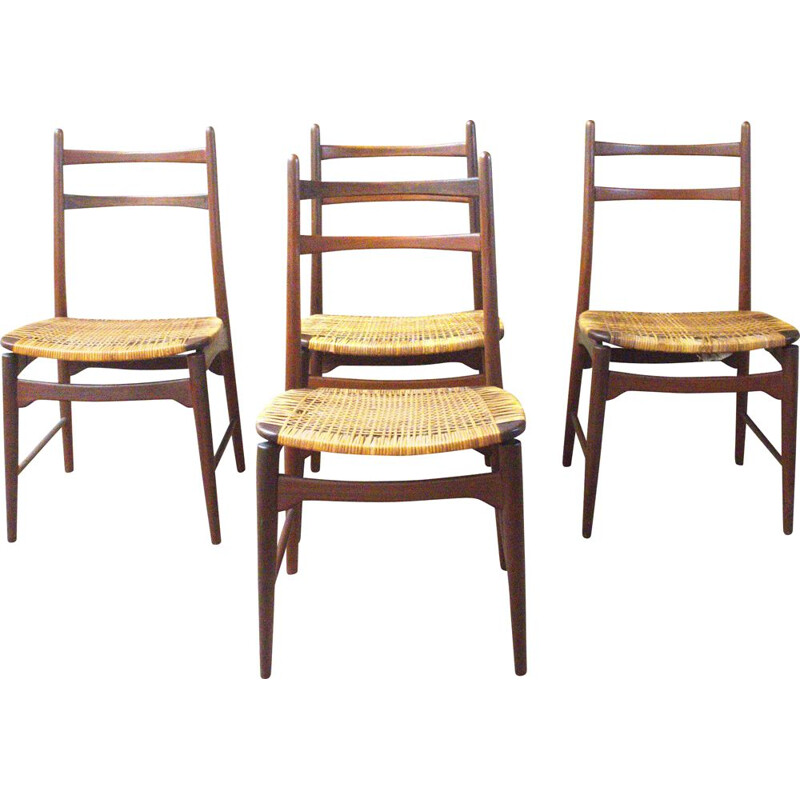 Set of 4 vintage teak and rattan chairs by Georg Leowald for Wilkhahn, 1950s