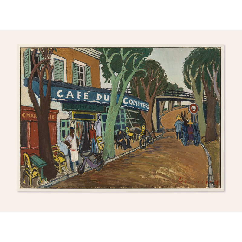 Vintage "Café du Commerce" oil on canvas by Hermann Geiseler, 1958