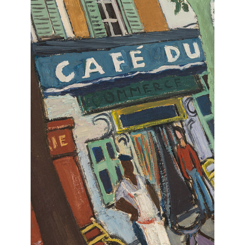 Huile sur toile vintage "Café du Commerce" par Hermann Geiseler, 1958