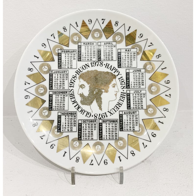 Piatto calendario in porcellana d'epoca di Piero Fornasetti, 1978