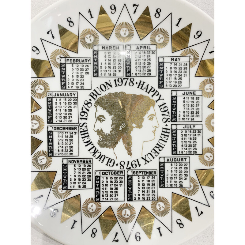 Piatto calendario in porcellana d'epoca di Piero Fornasetti, 1978