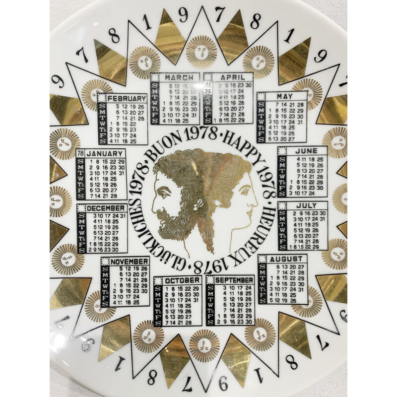 Plato calendario de porcelana vintage de Piero Fornasetti, 1978