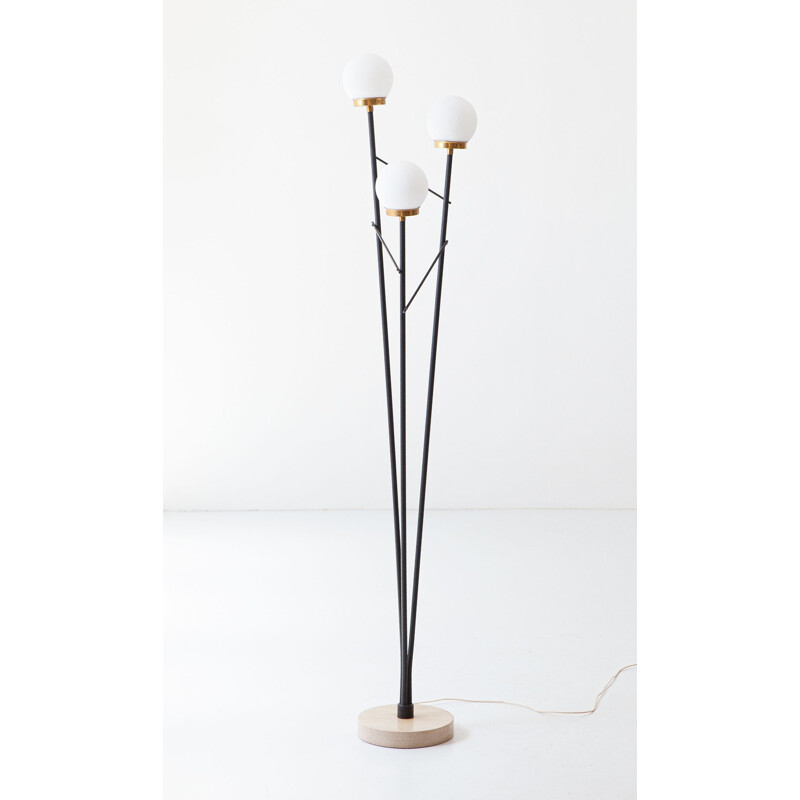 Italian vintage floor lamp in black steel, opaline glasses and marble base, Italy1950s