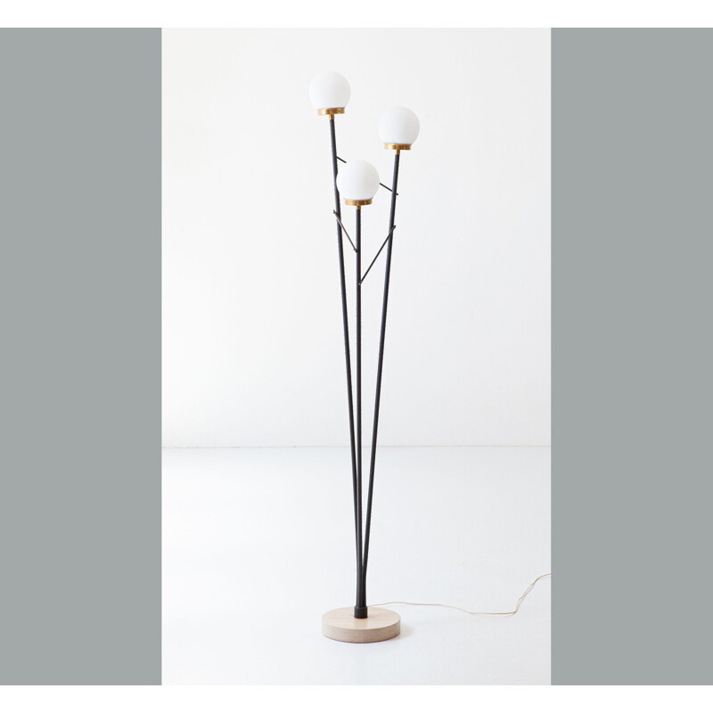 Italian vintage floor lamp in black steel, opaline glasses and marble base, Italy1950s