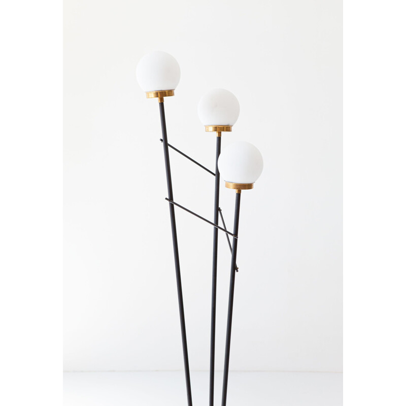 Italian vintage floor lamp in black steel, opaline glasses and marble base, Italy1950s