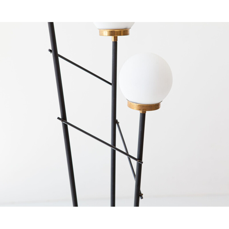 Italian vintage floor lamp in black steel, opaline glasses and marble base, Italy1950s