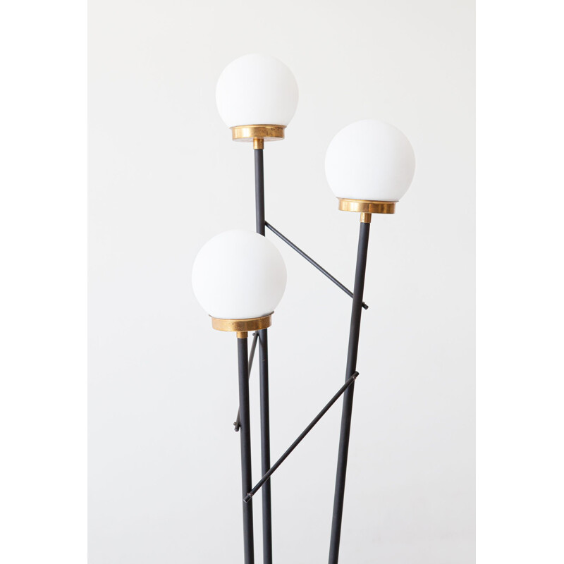 Italian vintage floor lamp in black steel, opaline glasses and marble base, Italy1950s