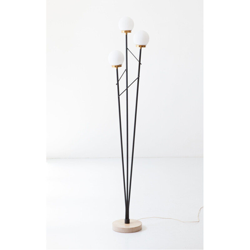 Italian vintage floor lamp in black steel, opaline glasses and marble base, Italy1950s