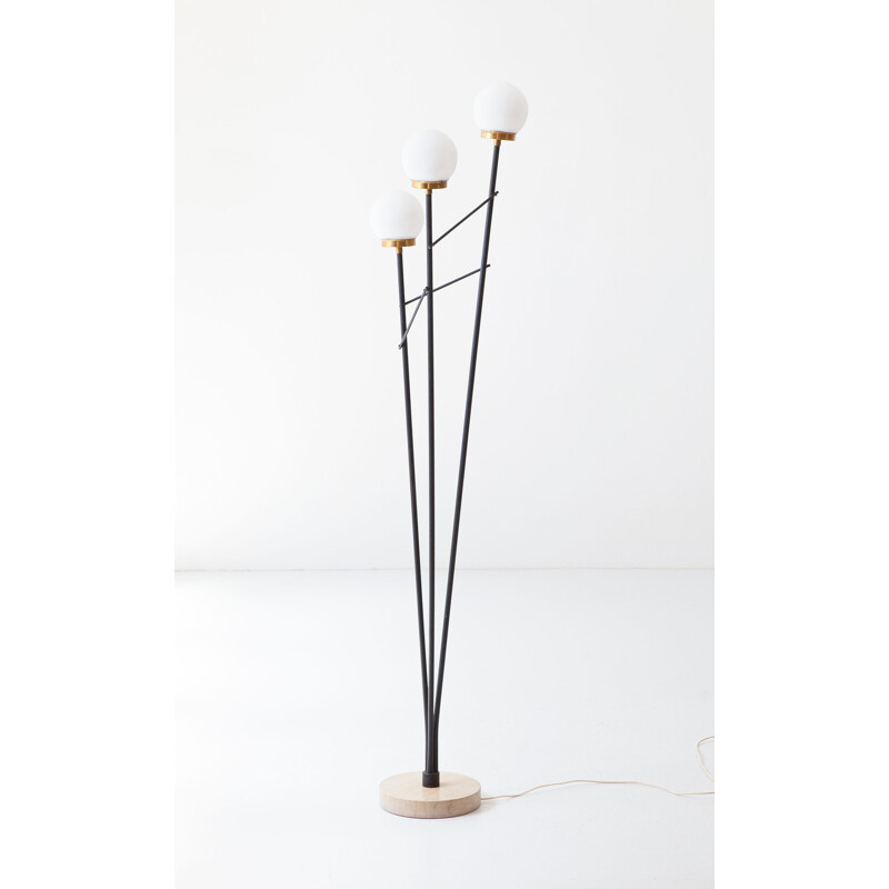 Italian vintage floor lamp in black steel, opaline glasses and marble base, Italy1950s