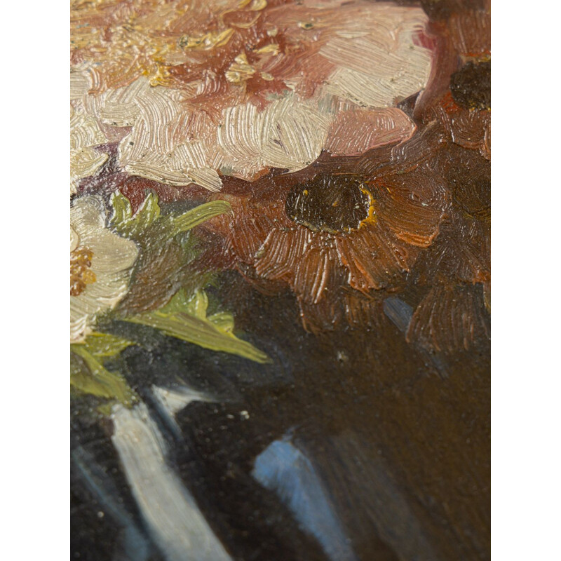 Oil on a vintage plate "Bouquet of flowers" in real wood, black color, 1950