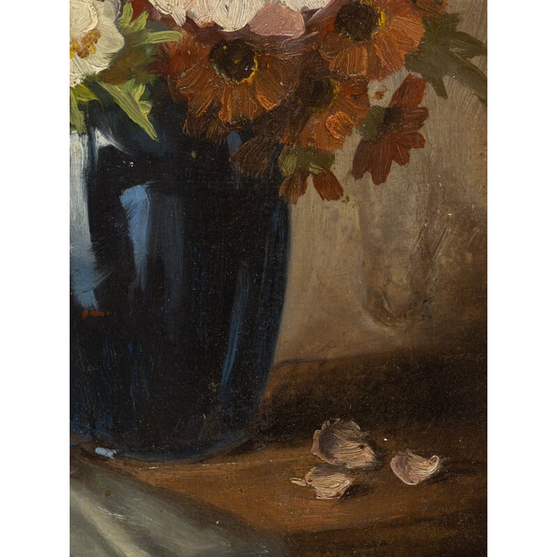 Oil on a vintage plate "Bouquet of flowers" in real wood, black color, 1950