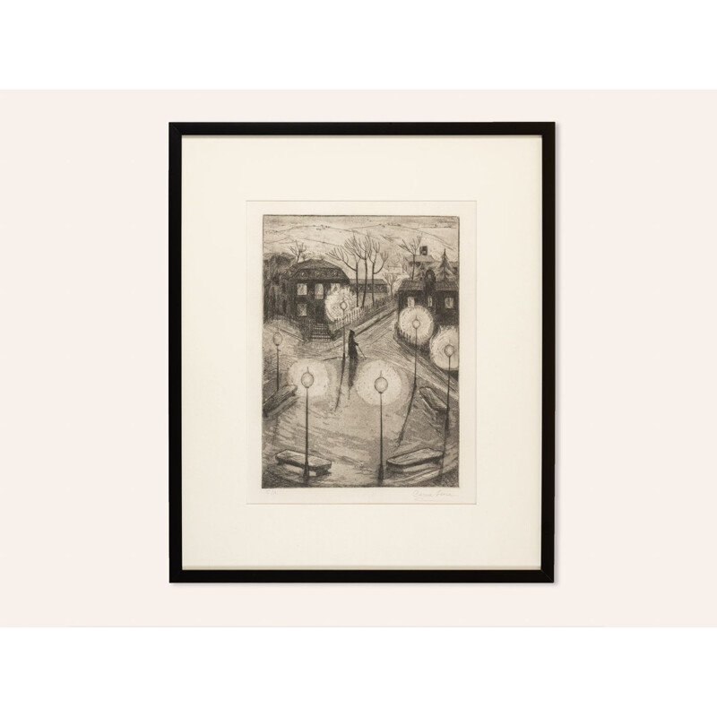 Vintage artist's proof "Nightwatchman" in black and white by Carme Serra